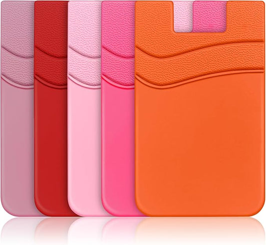 SHANSHUI Card Holder for Phone, Silicone Sticky Wallet Pocket Sleeve Pouch Stick on ID Credit Card for All Smartphonest - 5 Pack Light Pink Red Pink Rose Orange by SHANSHUI