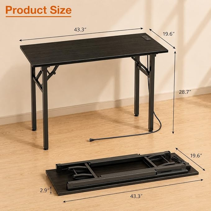 Folding Table Computer Desk - 43.3" No Assembly Folding Desk with Power Outlets & USB Charging Port, Small Desk, Foldable Office Desk, Compact Storage Portable Use for Small Space, Dark Oak - Image 3