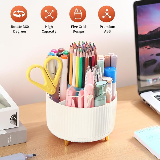 Desk Pencil Pen Holder, 5 Slots 360°Degree Rotating Pen Organizers for Desk, Desktop Storage Stationery Supplies Organizer, Cute Pencil Cup Pot for Office, School, Home, Art Supply, Beige - Image 2