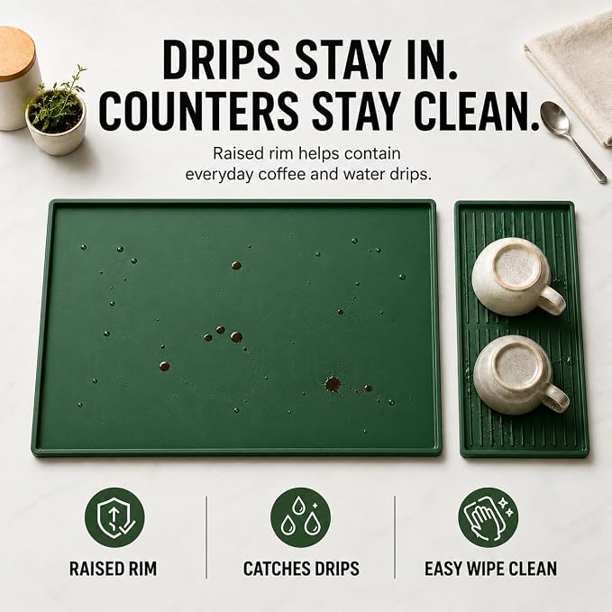Silicone Coffee Mat 24 x 16 in with Tray, Deep Forest Green | Coffee bar mat for countertop use, coffee station mat or coffee machine mat with removable tray and 0.47 in raised rim. - Image 6