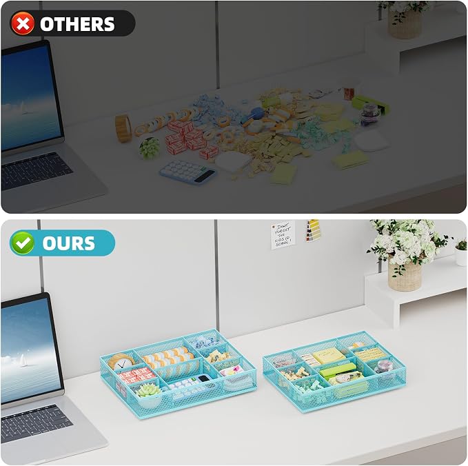 Marbrasse 2 Pack Desk Drawer Organizer, Mesh Drawer Organizer Tray with 8 Adjustable Compartments, Desk Organizers and Accessories, 5 Dividers Drawer for Office Supplies, Makeup & Vanity (Blue) - Image 7