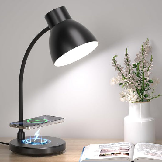 LED Desk Lamp for Home Office with Wireless Charger, Matte Black | 3 Color Modes Dimmable Eye-Caring Study Reading Dorm Desk Lamp, 360° Flexible Arm Table Lamp for College Dorm Room, 800 Lumen by Vicsoon