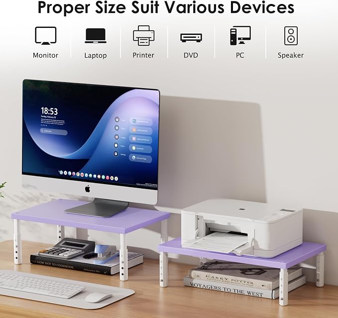 ECOLOVI Wood Computer Laptop Monitor Stand Riser, 4-Height Adjustable Desk Organizer and Accessories, Workspace Office Desk Decor & Accessories for Women, Purple - Image 3