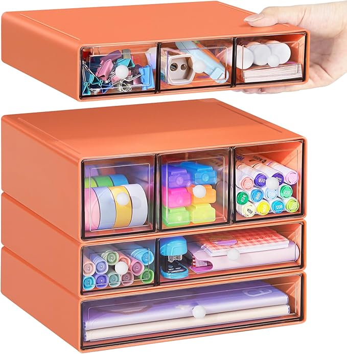 Desk Storage Organizer with 9 Drawers, 4 Tiers Stackable Desktop Craft Storage Drawers, Clear Storage Box Caddy for Stationary Makeup Jewelry Office Craft Supplies (Orange) by FODIENS