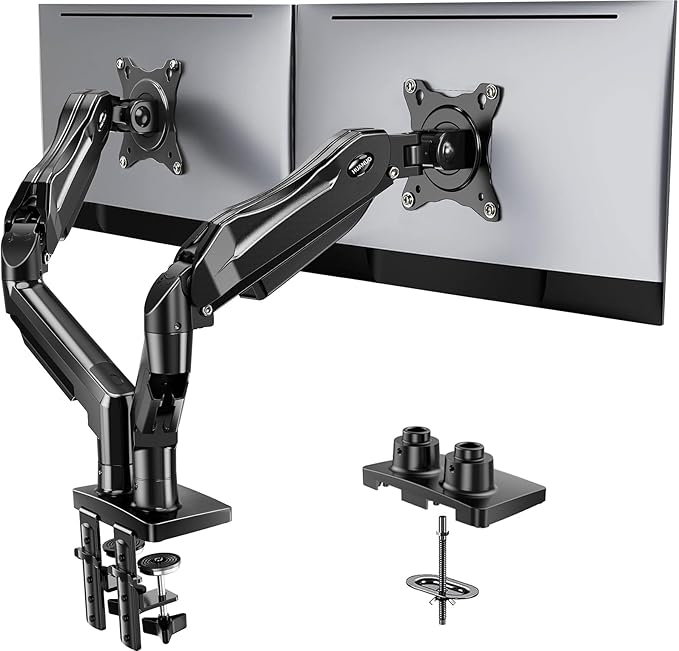 HUANUO FlowLift™ Dual Monitor Stand, Fully Adjustable Gaming Monitor Desk Mount for 13–32″ Computer Screens, Full Motion VESA 75x75/100x100 with C-Clamp & Grommet Base, Each Arm Holds 4.4 to 19.8 lbs by HUANUO