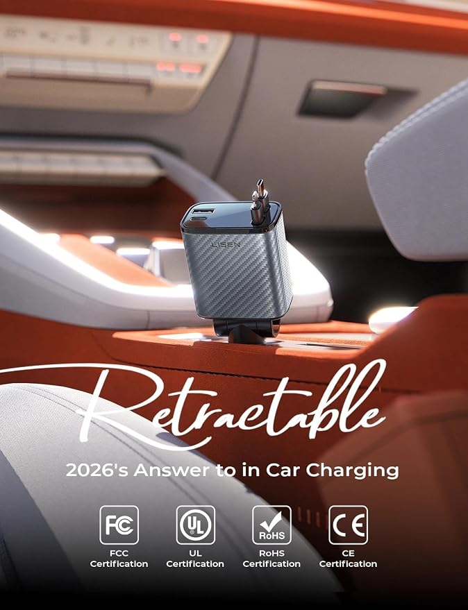 LISEN Retractable Car Charger, 84W Car Charger USB C Fast Charger Adapter, Car Accessories for Men Women, Gifts for Fathers Day for Men Dad Husband, for iPhone 17 16 15 14 13 12 Pro Max, Carbon-Grey | Multiple Ports Car Charger, Retractable Car Charger... - Image 2