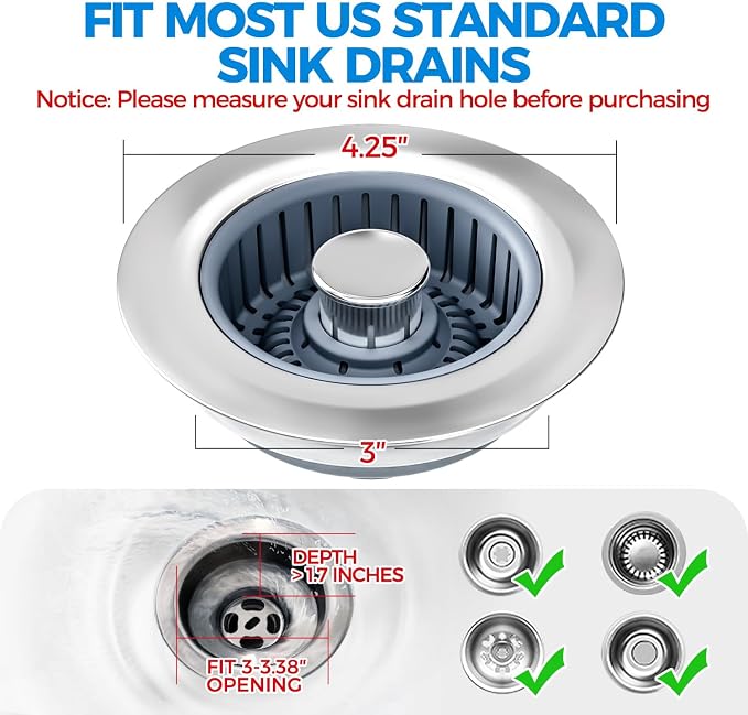 zaa 3 in 1 Kitchen Sink Drain Strainer Stopper Removable Basket Pop-Up | Kitchen Sink Accessories 3 Pack Silver Stainless - Food Catcher, Odor-Blocking Seal, Fits 3.5" Drain, Easy Clean - Image 7