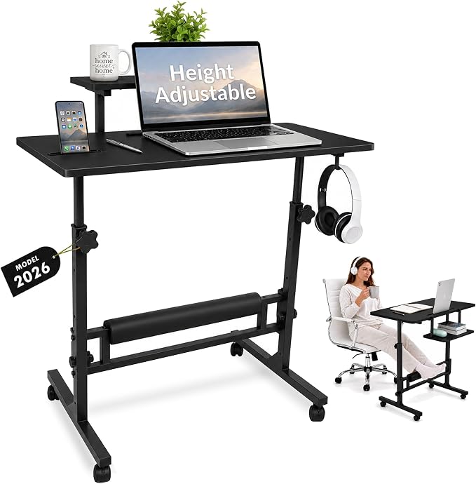 Small Rolling Desk with Wheels, Adjustable Height 27"-43.3" Portable Standing Desk, 31.5"x15.7" Tabletop, Mobile Laptop Computer Table for Home Office Workstation, Black by Unknown