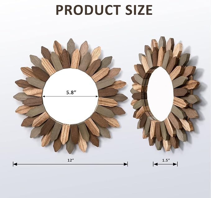 Honiway Boho Wall Decor Mirror 2 Pack 12 inch Rustic Wood Decorative Mirror for Room Decor Rustic Farmhouse Wall Decor for Bedroom Bathroom Living Room Entryway Tril Color - Image 6
