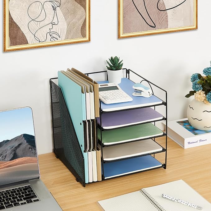 LEKETREE Desk Organizers and Accessories, 5-Tier Paper Letter Tray Organizer with File Holder, Desktop Organizer for Office Supplies (Black) - Image 3