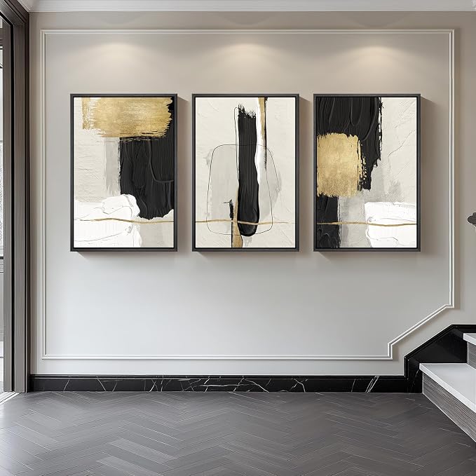 Large Framed Black and White Abstract Wall Art, 3 Piece Modern Canvas Prints Paintings Artwork for Walls, Minimalist Black Beige Gold Pictures for LIving Room Bedroom Office Wall Decor Total 30x60 In - Image 4