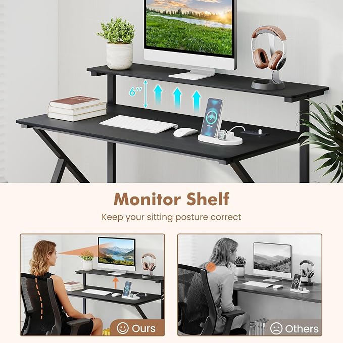 Giantex Rolling Computer Desk with Charging Station, Mobile Portable Laptop Desk with Monitor Stand & Storage Shelf, Small Desk with Lockable Wheels for Small Spaces, Home Office (Black) - Image 5