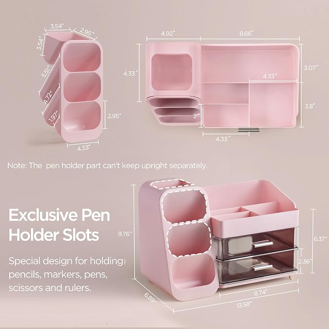 HBlife Desk Organizer with Pen Pencil Holder for Desk, Pen Organizer with 2 Drawers, Desk Organizers and Accessories with 4 Compartments, Desktop Storage for Office Home School Art Supplies, Pink - Image 5