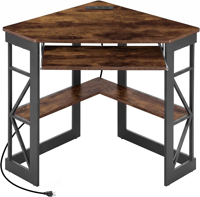 VECELO Corner Desk, Triangle Computer Desk for Small Space with Charging Station and Keyboard Tray, Corner Makeup Table with Storage Shelves for Home Office Bedroom, 41x30, Vintage Brown by VECELO