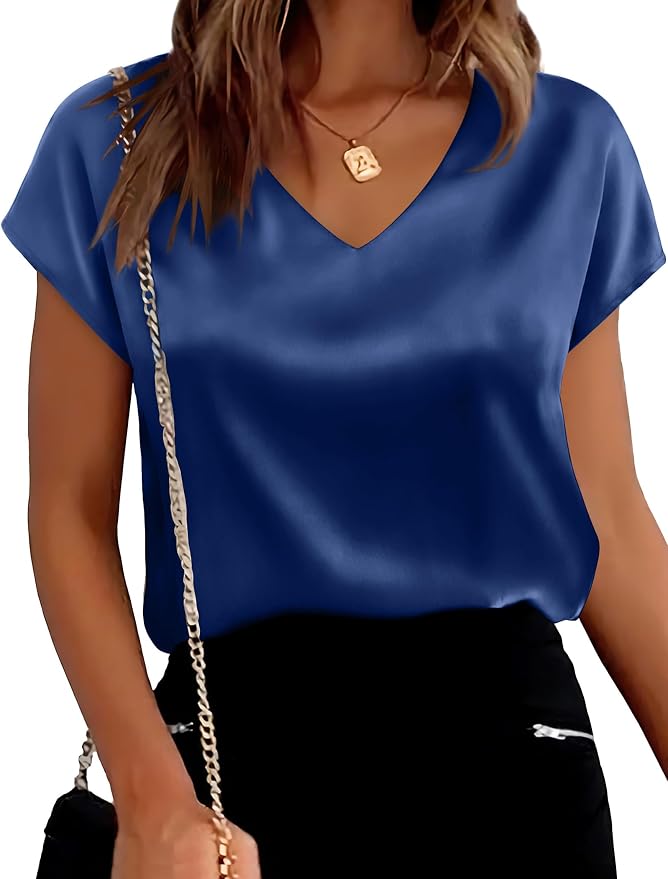 WIHOLL Womens Satin Summer Tops Cap Short Sleeve Blouses V Neck Shirts Business Casual Outfits Fashion Clothing 2026 - Image 4