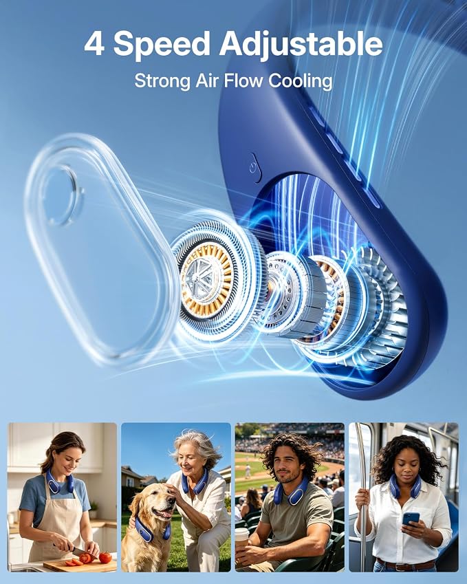 SHEWIND Portable Neck Fan - Hands Free Personal Fan, Rechargeable Bladeless Fan with 5000mAh-Battery, Digital Display, 4 Speeds, Birthday Gifts for Men, Women, Mom, and Dad - Blue - Image 3
