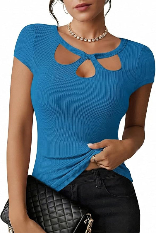 Pink Queen Sexy Tops for Women Cutout Keyhole Neck Cap Sleeve Shirts Casual Summer Clothes 2026 Fashion by PinkQueen