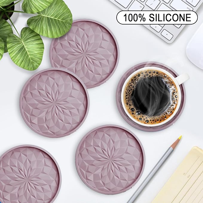 ME.FAN Silicone Coasters with Holder,[6 Pack] Drinking Coasters - Cup Mat for Hot or Cold Drinks, Thickened, Non-Slip, Non-stick,Deep Tray Pale Mauve - Image 2