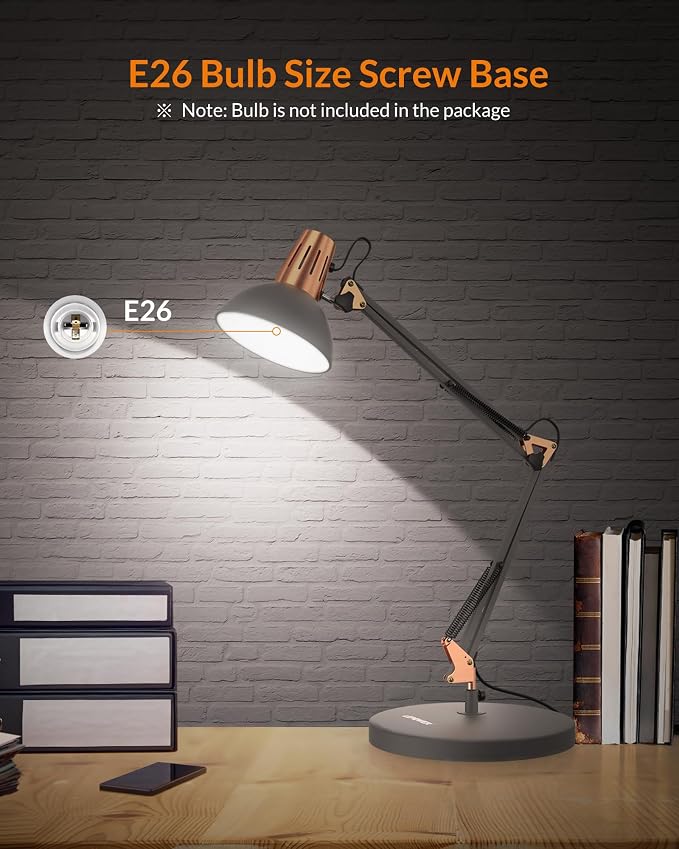 LEPOWER Metal Adjustable Desk Lamp with Clamp, Swing Arm for Home Office | Gooseneck, Architect Style, Eye-Caring Table Lamp, On/Off Switch, E26 Base, Reading for Dorm, Bedroom, Study, Back to School - Image 5