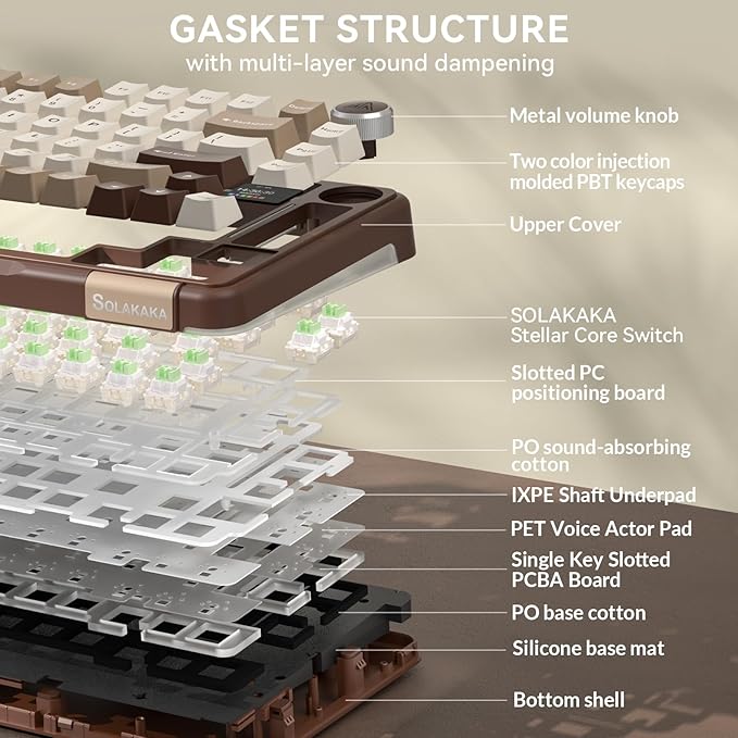 SOLAKAKA A75 PRO 75% Wireless Mechanical Keyboard with Screen and Knob, Tri-Mode Hot Swappable Gaming Keyboard, RGB Backlit Gasket Creamy Pre-lubed PBT Computer Keyboard for PC/Mac/Win,Brown - Image 5