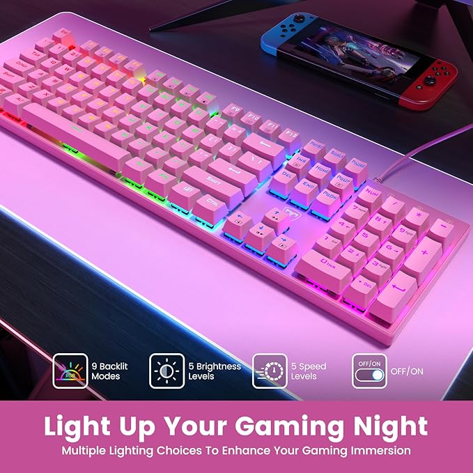 RisoPhy Mechanical Gaming Keyboard, Wired RGB 104 Keys, Blue Switch, Pink | Ultra-Slim Backlit USB Wired Keyboard, Durable ABS Keycap/Anti-Ghosting/Spill-Resistant Keyboards for PC Mac Xbox Game - Image 2