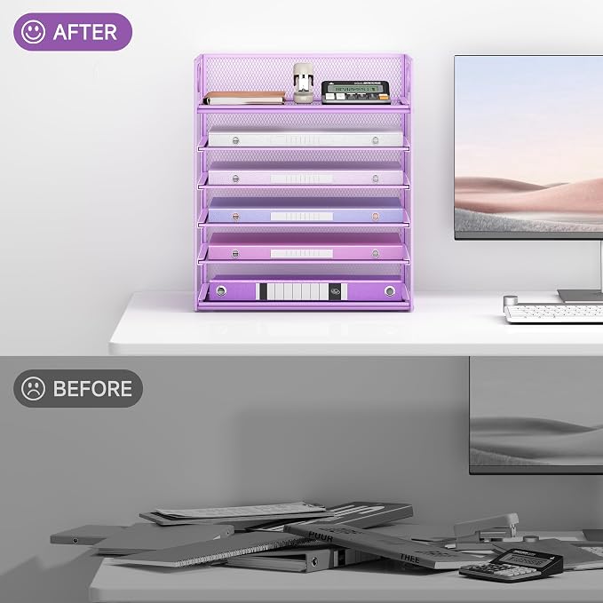 6 Tiers Letter Tray Paper Organizer with Handle, Mesh Desk File Organizer, Metal Desktop Document Shelf Organization, Paper Sorter Organizer for Office, Home or School File Folder Holder - Purple - Image 4