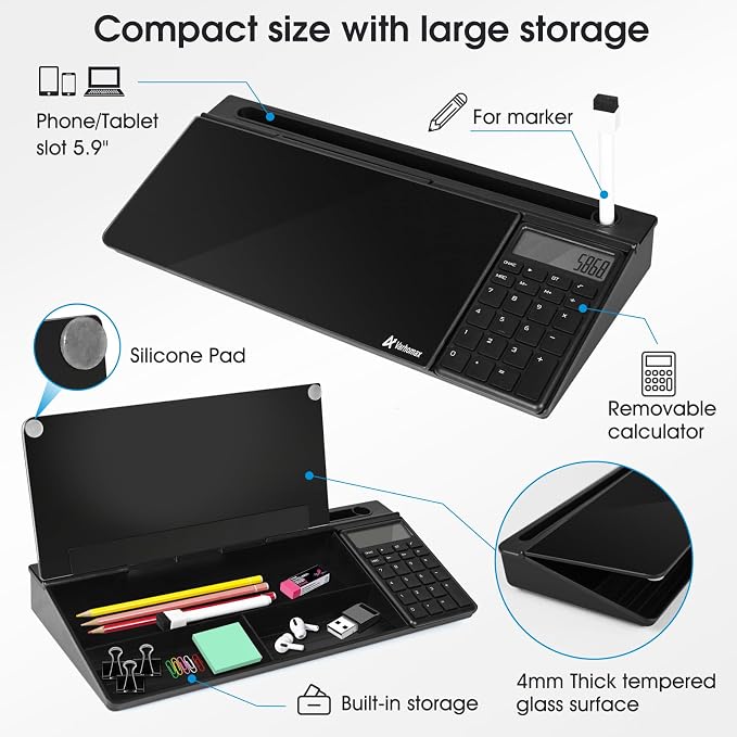 Varhomax Glass Desk Whiteboard Gray with Calculator, Desktop Organizer Dry Erase White Board with Storage, to Do List Memo Notepad for Home Office and School Supplies - Image 6
