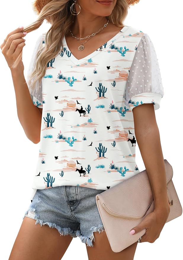 Aokosor Womens Summer Tops V Neck T Shirts Swiss Dot Puff Sleeve Tops Loose Casual Tshirts - Image 2