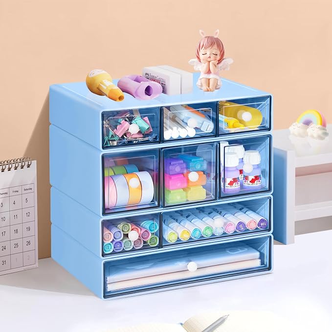 Desk Storage Organizer with 9 Drawers, 4 Tiers Stackable Desktop Craft Storage Drawers, Clear Storage Box Caddy for Stationary Makeup Jewelry Office Craft Supplies (Blue) - Image 2