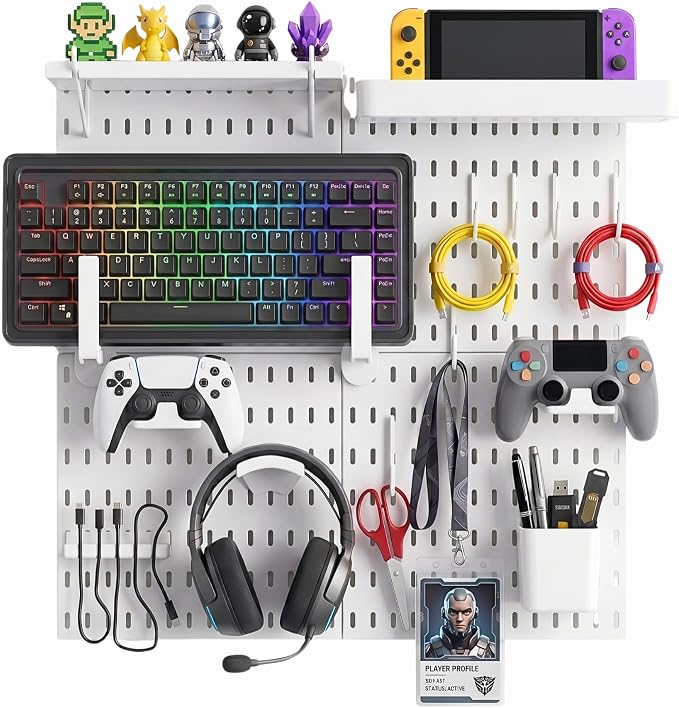 Keepo Peg Board Wall Organizer for Gaming Setup, Pegboard with Adhesives & Screw Mounts, Includes Peg Board Accessories for Gaming Accessories, Tech Storage & Office Organization (White, 22″×22″) by Keepo