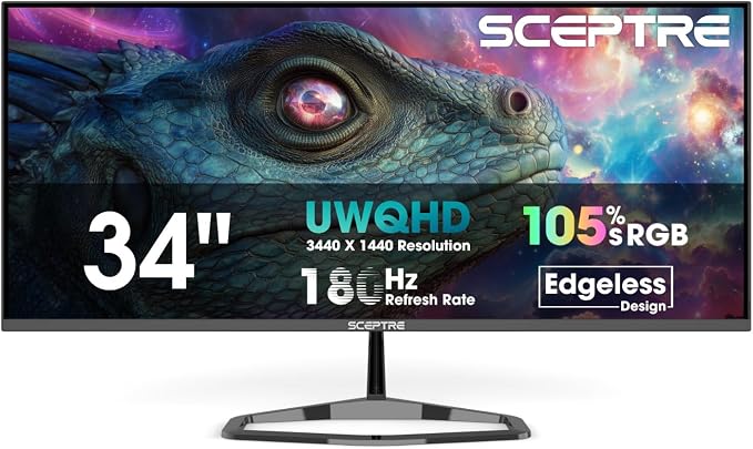 New! Sceptre 34-inch Prime Gaming Monitor 3440 x 1440 up to 180Hz DisplayPort HDMI Build-in Speakers, Machine Black 2027 (E345B-QU180D Series) - Image 2