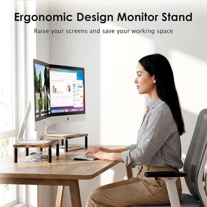 ECOLOVI Adjustable Wood Computer Monitor Stand Riser, Office Desk Organizer and Accessories for Monitor, Laptop, PC, Printer, Office Desk Accessories Workspace Organizer for Home Office Supplies, Brown - Image 7