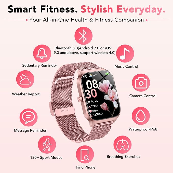 Smart Watch for Women, Answer/Make Call/AI Voice,1.85" HD Smartwatch for iPhone/Samsung/Android, 120+ Sport Modes Fitness Tracker with Heart Rate/Sleep Monitor,IP68 Waterproof (2 Bands) - Image 8