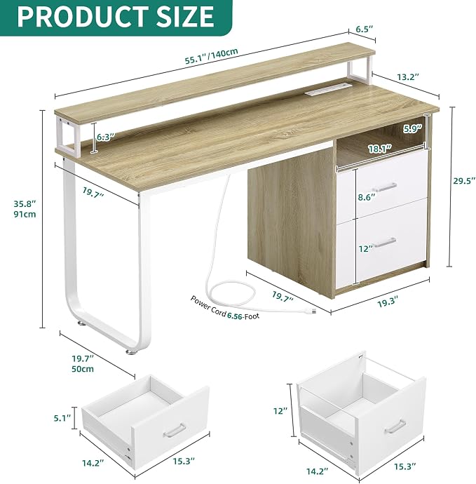 DWVO Computer Desk with Drawers, 47.2" Office Desk with Power Outlets & LED Light, Home Office Desk with Storage Shelves, White & Oak | Built-In Power Outlets, Led Light, Storage Shelves, Drawers, Compact Size, for Home Office Small Space, Easy Assembly - Image 2