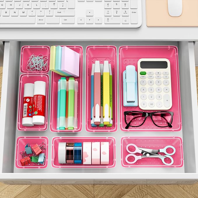 12 PCS Drawer Organizer Set, Makeup Organizers, Tool Storage Trays, Pink | 4 Sizes, Plastic, Stackable, Multiple Gadgets, Desk Drawer Divider Organizers, for Makeup, Office Supplies Storage - Image 7