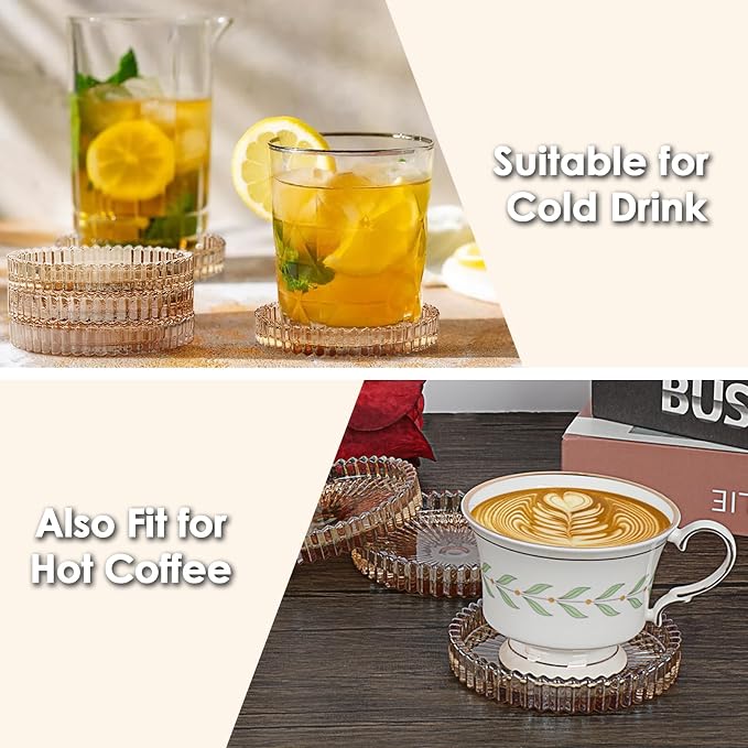 Modern Clear Coasters Set of 5- Glass Cute Coasters for Drinks Crystal Coaster Round Chic Cup Mat Cute Coffee Table Coaster for Kitchen, Bar, Dining Room, Living Room, Patio(Amber) - Image 6