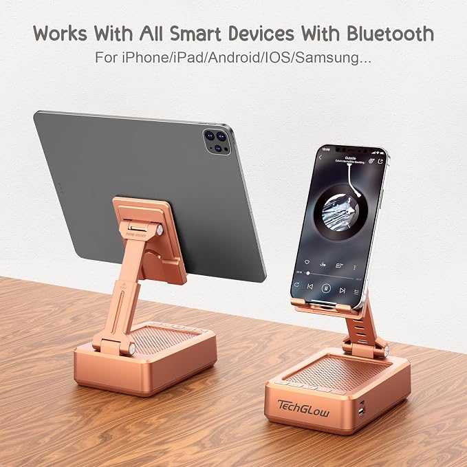 TechGlow Gifts for Men Women Foldable Cellphone Stand with Bluetooth Speaker and Charging Function Birthday Gift Idea for Mom Dad Cool Gadget Tech Gifts-Rose Gold - Image 6