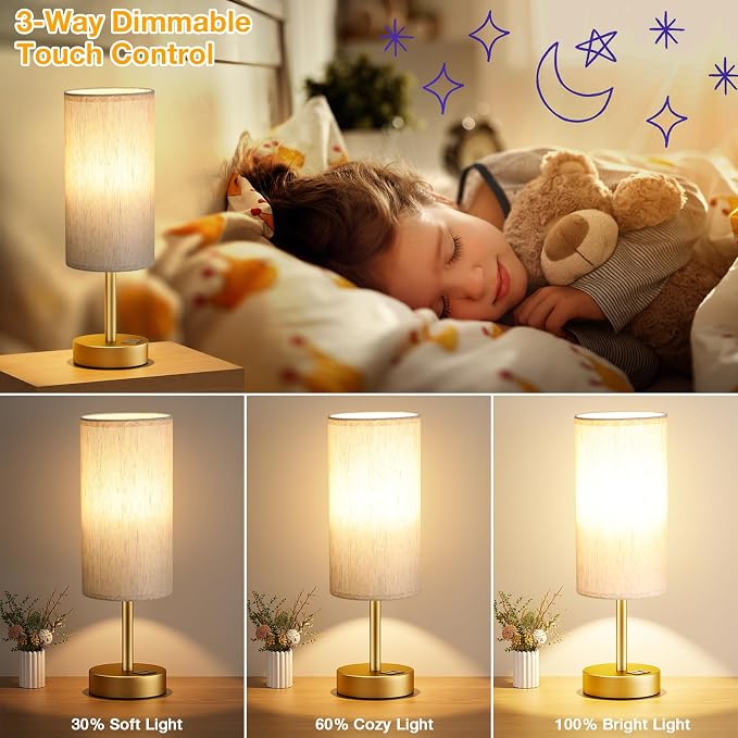 Dicoool Bedside Table Lamp for Bedroom - 3-Way Dimmable Touch Lamp, USB A+C | LED Bulb Included, 14" Small Nightstand Lamp for Desk, Living Room, Guest Room, Cream Fabric Lampshade, Gold Metal Base - Image 3