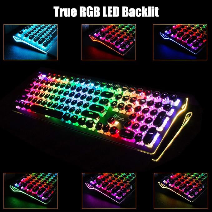 RK ROYAL KLUDGE S108 Typewriter Style Mechanical Gaming Keyboard with RGB Backlit, Wired PC Game Keyboard Full Size with Detachable Wrist Rest and Number Pad, Retro Round Keycaps, Red Switches Black - Image 5