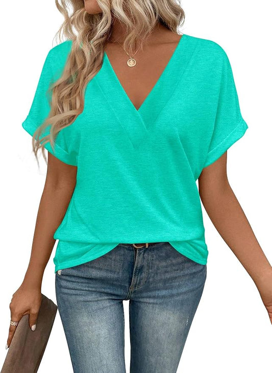 T Shirts Short Sleeve V Neck Tees Womens Tops Beach Vacation Fashion Clothes 2026 Casual Summer Spring Fall Outfits by EyMuseWomensTops