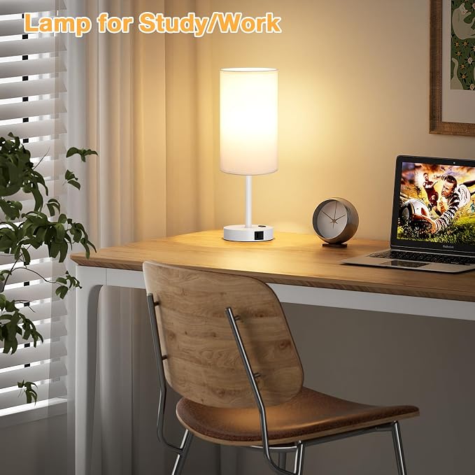 Dicoool 17.4" Bedside Lamp for Bedroom - Dimmable Touch, USB A+C, AC Outlet | LED Bulb Included, 3-Way Dimmable, 17.4" Table Lamp for Living Room, Dorm, White Fabric Lampshade, White Metal Base - Image 7