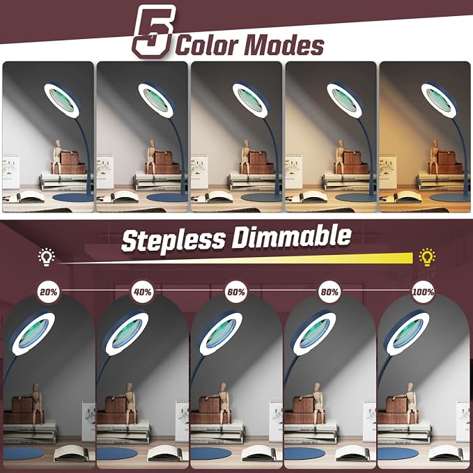 10X Magnifying Glass with Light and Stand, 5 Color Modes Stepless Dimmable LED Lighted Desk Lamp, Hands Free Flexible Gooseneck Magnifier with Light for Craft Hobby Painting Close Work - Blue - Image 3