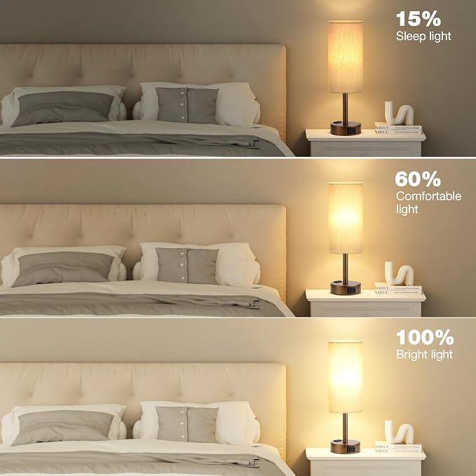 Fenmzee Brown Bedside Table Lamp for Bedroom - 3 Way Dimmable Touch Lamp USB C Charging Ports and AC Outlet, Small Lamp Round Flaxen Cream Fabric Shade for Living Room, Desk, LED Bulb Included - Image 4