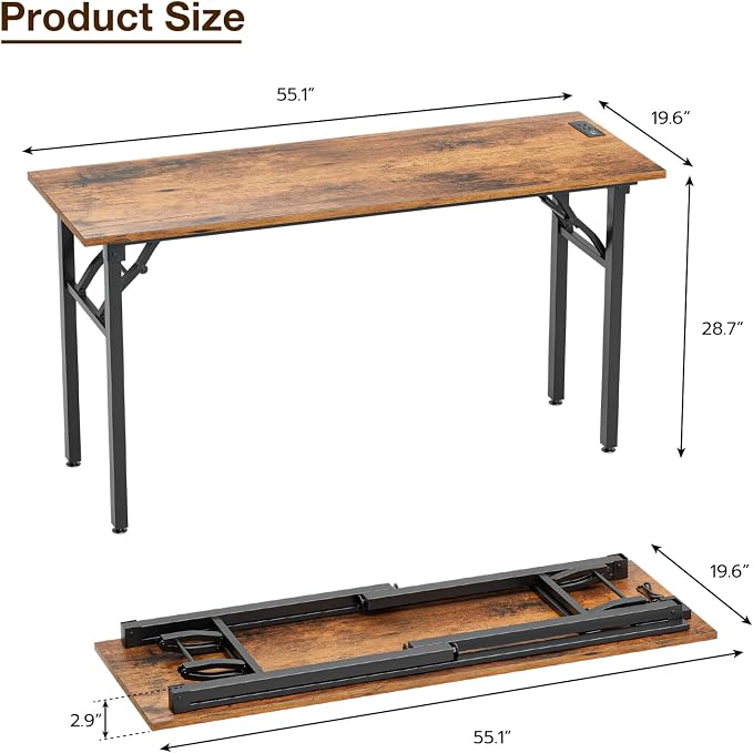 1TEMI Long Computer Desk Folding Table - No Assembly, Compact 55.1" Foldable Desk with Power Outlets & USB Charging Port, Portable Lagre Office Desk, Ideal Large Study Table for Narrow Spaces, Brown - Image 3