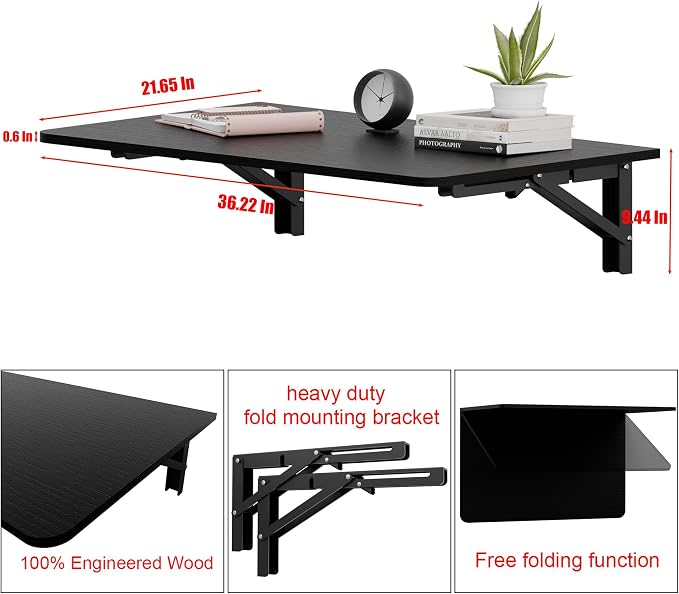 IAE 36x22in Floating Fold Desk,Wall-Mounted Folding Computer Table,Black | Study Table with Shelf Brackets,Foldable Down Shelf with Engineered Wood,Fold Computer Desk for Small Apartment,Holds 501 lb - Image 2