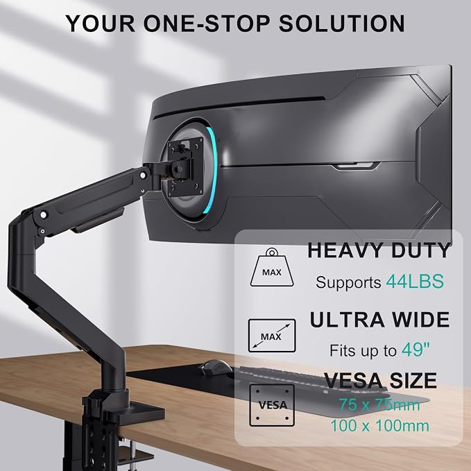 WALI Heavy Duty Single Monitor Arm for 13-49 inch 1000R Curved Screens, up to 44 Lbs, Adjustable Single Monitor Desk Mount with C-Clamp, Grommet Base, 75/100mm VESA Mount (GSM001XL), Black - Image 2