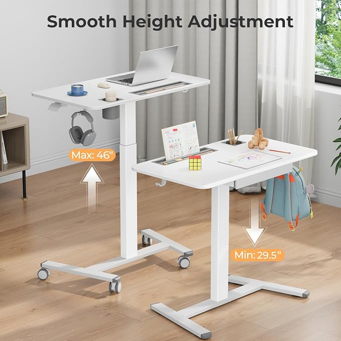 Mobile Standing Desk with Drawer, 35"×20" Small Desk, White | Portable Laptop Workstation with Cup Holder and Hooks, Height Adjustable Rolling Desk with Wheels, Teacher Classroom Use - Image 6