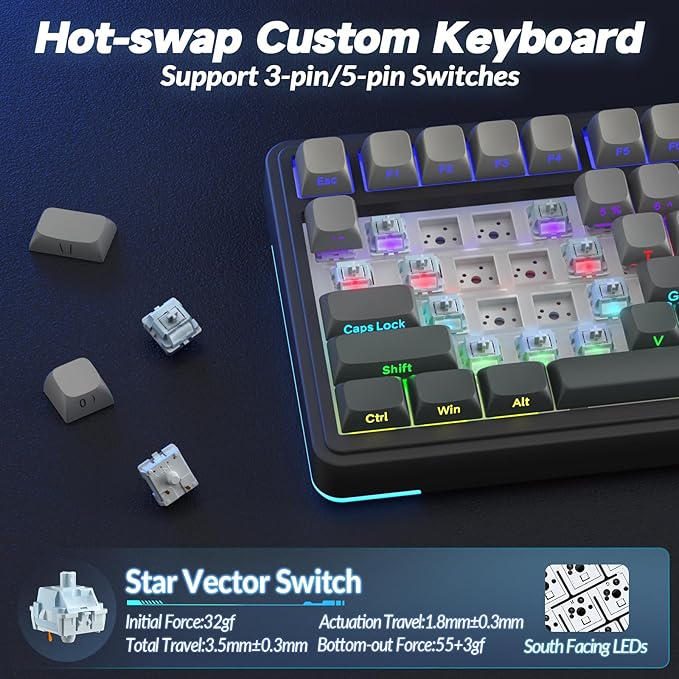 AULA S75 PRO Wireless Mechanical Keyboard with Screen&Knob, Tri-Mode Hot Swappable Gaming Keyboard 75%, Pre-lubed Switches, RGB Backlit, Side Printed PBT Keycaps, Creamy Sounding Computer Keyboards - Image 5