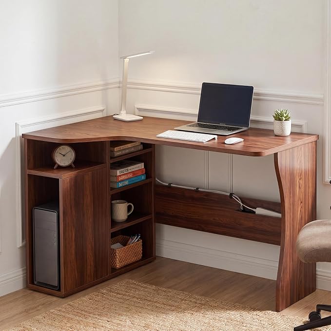 Garvee L Shaped Desk with Storage Shelves, Small Corner Desk for Small Spaces, Corner Table with 3 Tier Shelves, Home Office, Writing Study Gaming Desk, Walnut Wood - Image 8