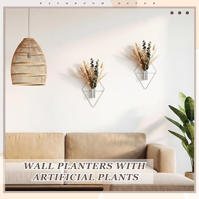 Jexine 4 Pcs Hanging Planters with Artificial Pampas Chrome Silver Metal Hanging Vase Indoor Plants Holder Modern Geometric Boho Bathroom Wall Decor for Living Room Home Office - Image 6